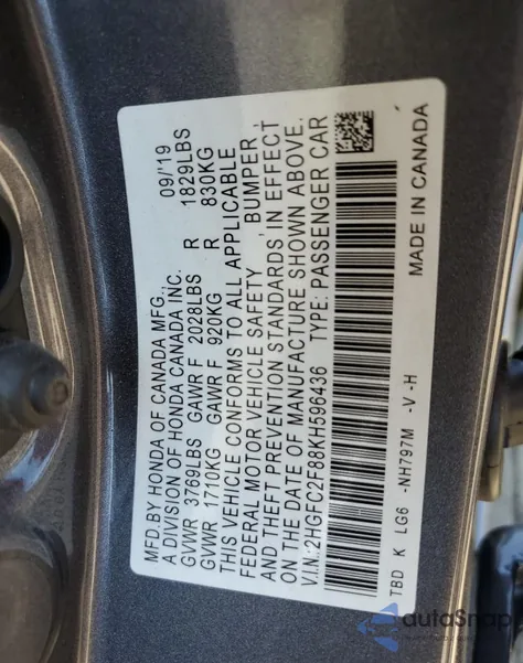 2019 Honda Civic Sport из США, поврежденный, VIN 2HGFC2F88KH596436